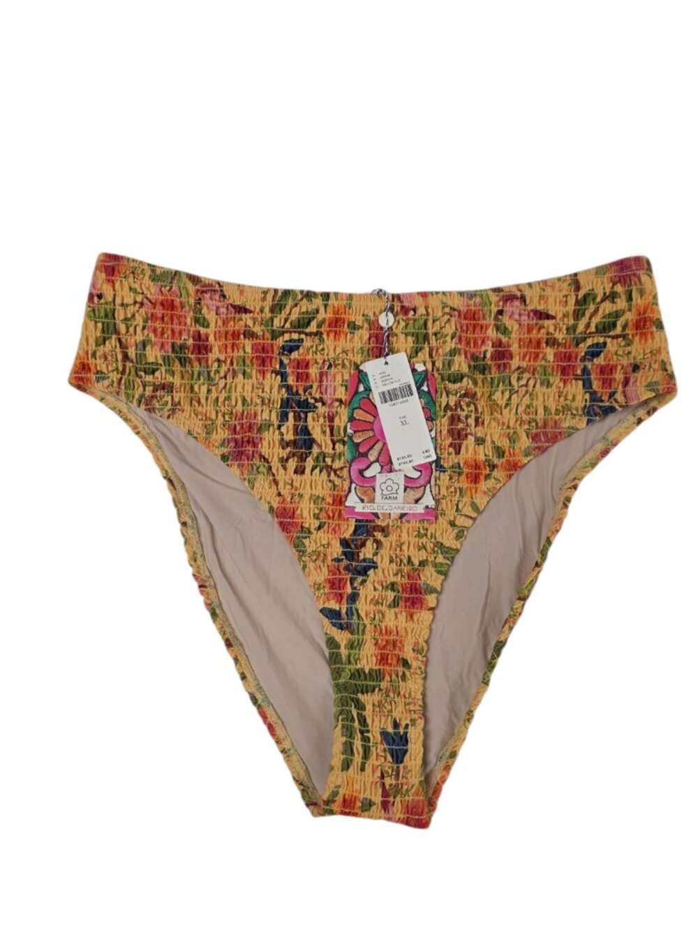 Farm Rio Smocked Bikini Bottoms, Mid Rise, Floral, Size XL, Vacation, Resort
